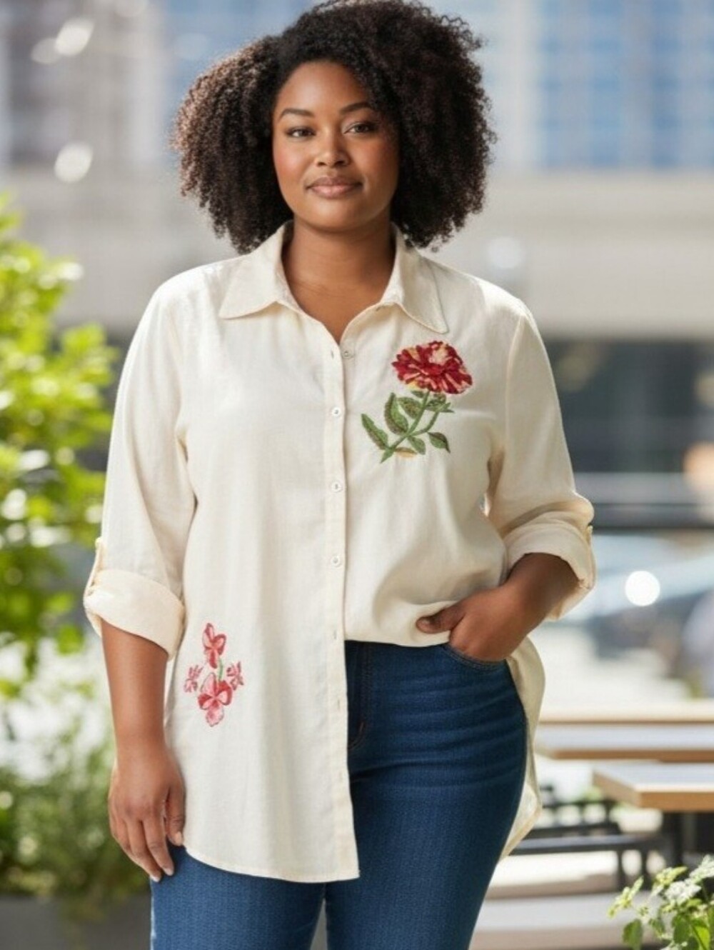 April Cornell Cream Button-Down Top with Red Floral Embroidery